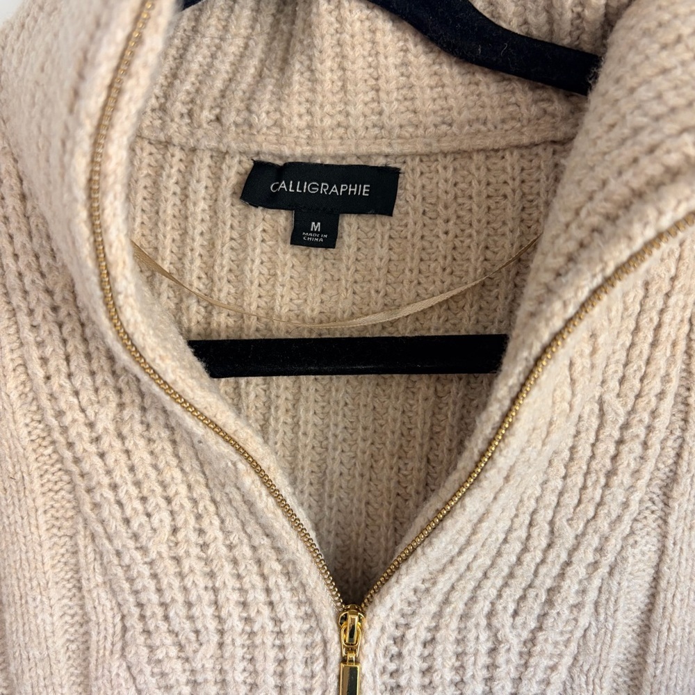 Calligraphie Beige Cable Knit 1/4 Zip Sweater | M - Picture 3 of 4